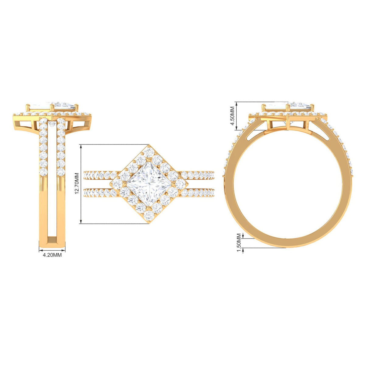Rosec Jewels 2.50 CT princess cut zircon double engagement band ring with sparkling stones and polished silver finish.