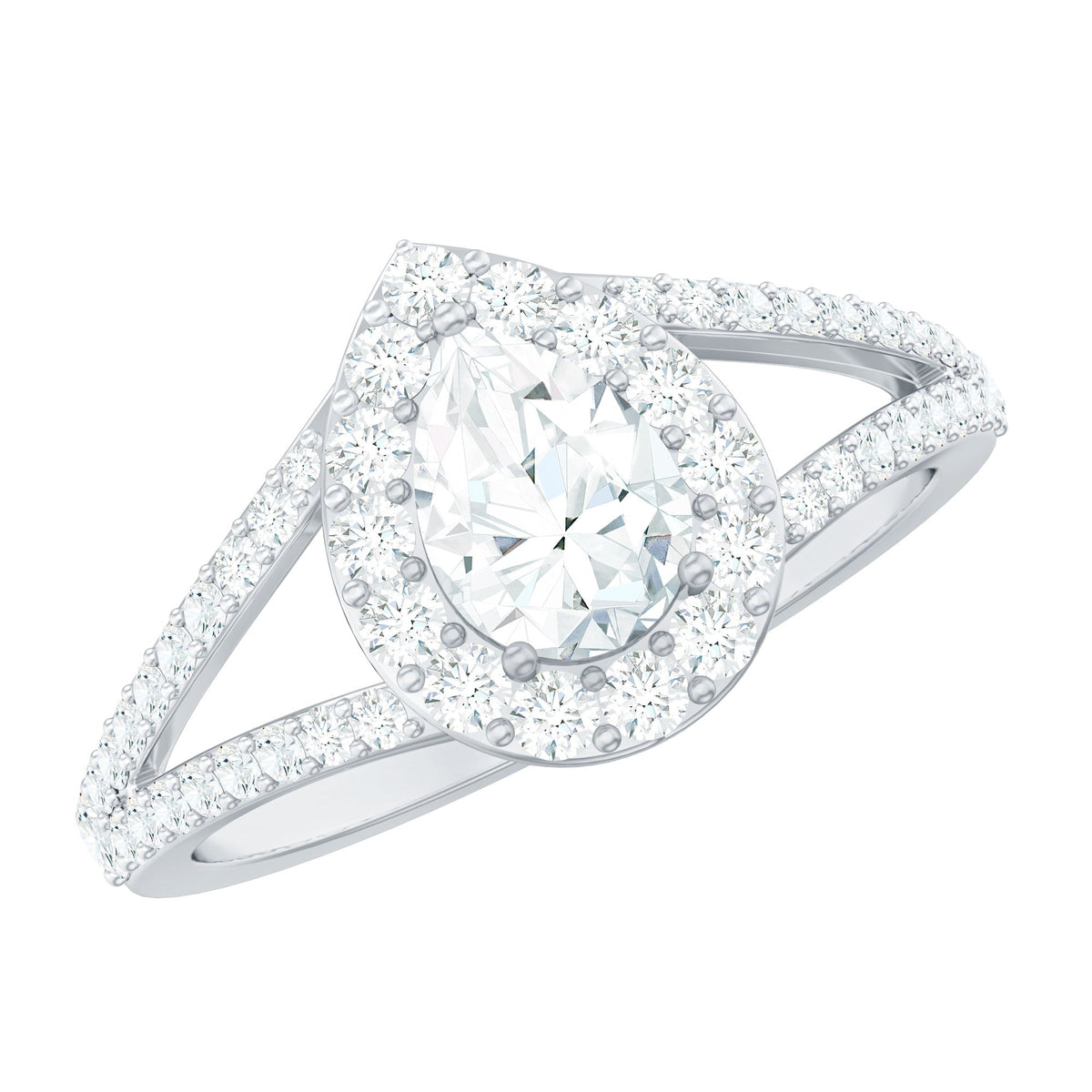 Pear Shape Cubic Zirconia Halo Engagement Ring in Split Shank