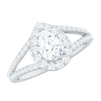 Pear Shape Cubic Zirconia Halo Engagement Ring in Split Shank