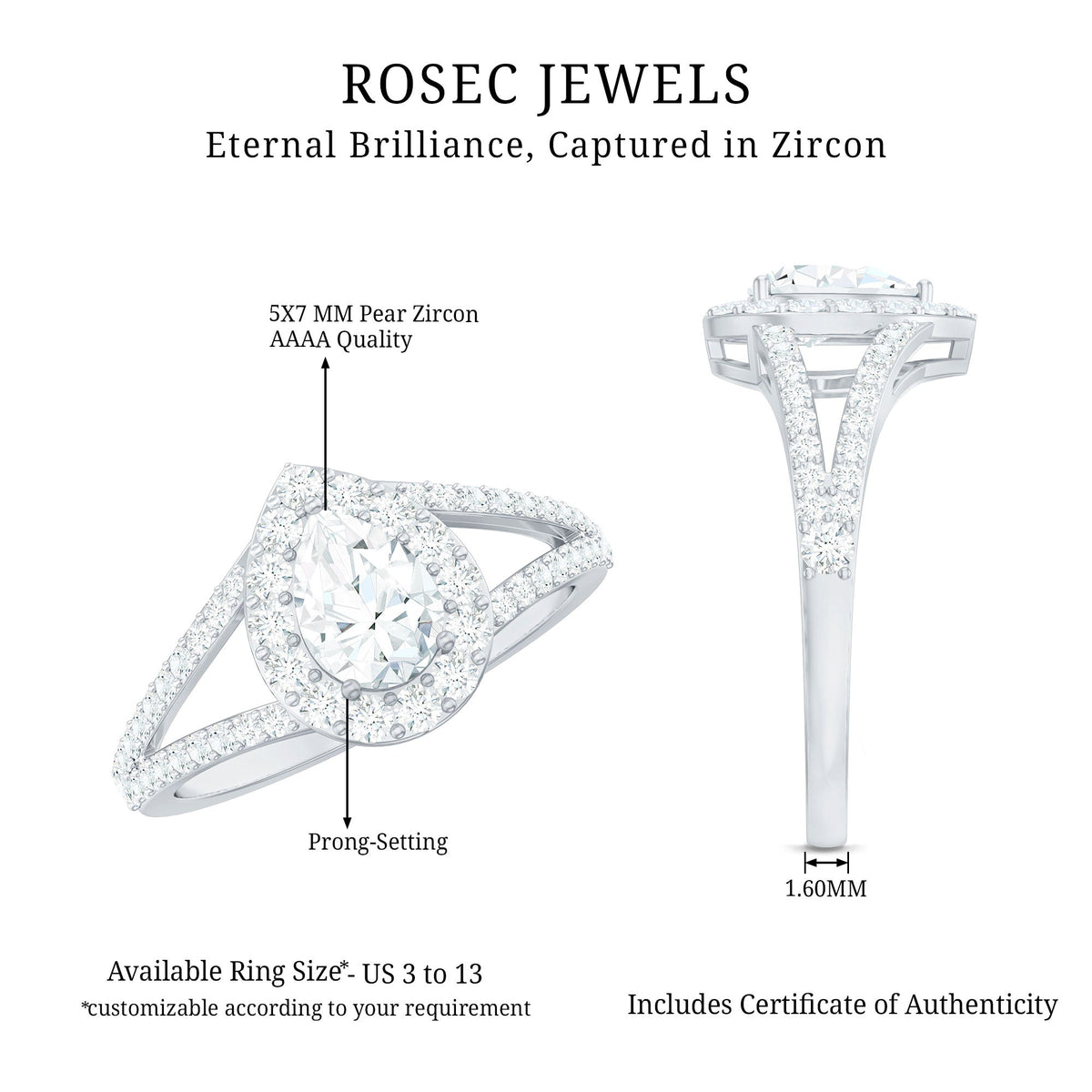 Pear Shape Cubic Zirconia Halo Engagement Ring in Split Shank