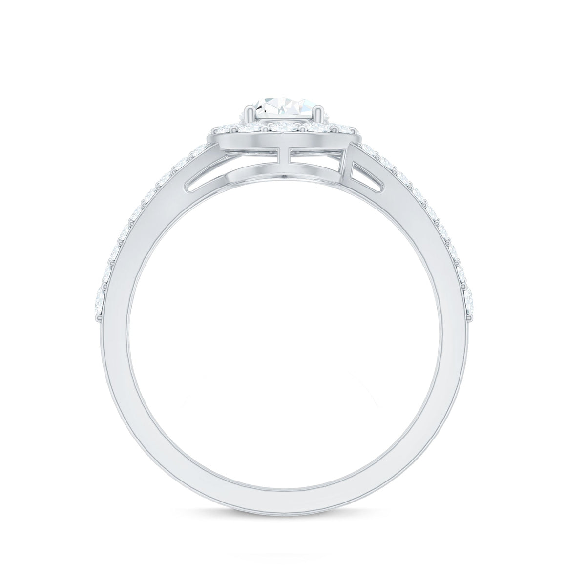 Pear Shape Cubic Zirconia Halo Engagement Ring in Split Shank