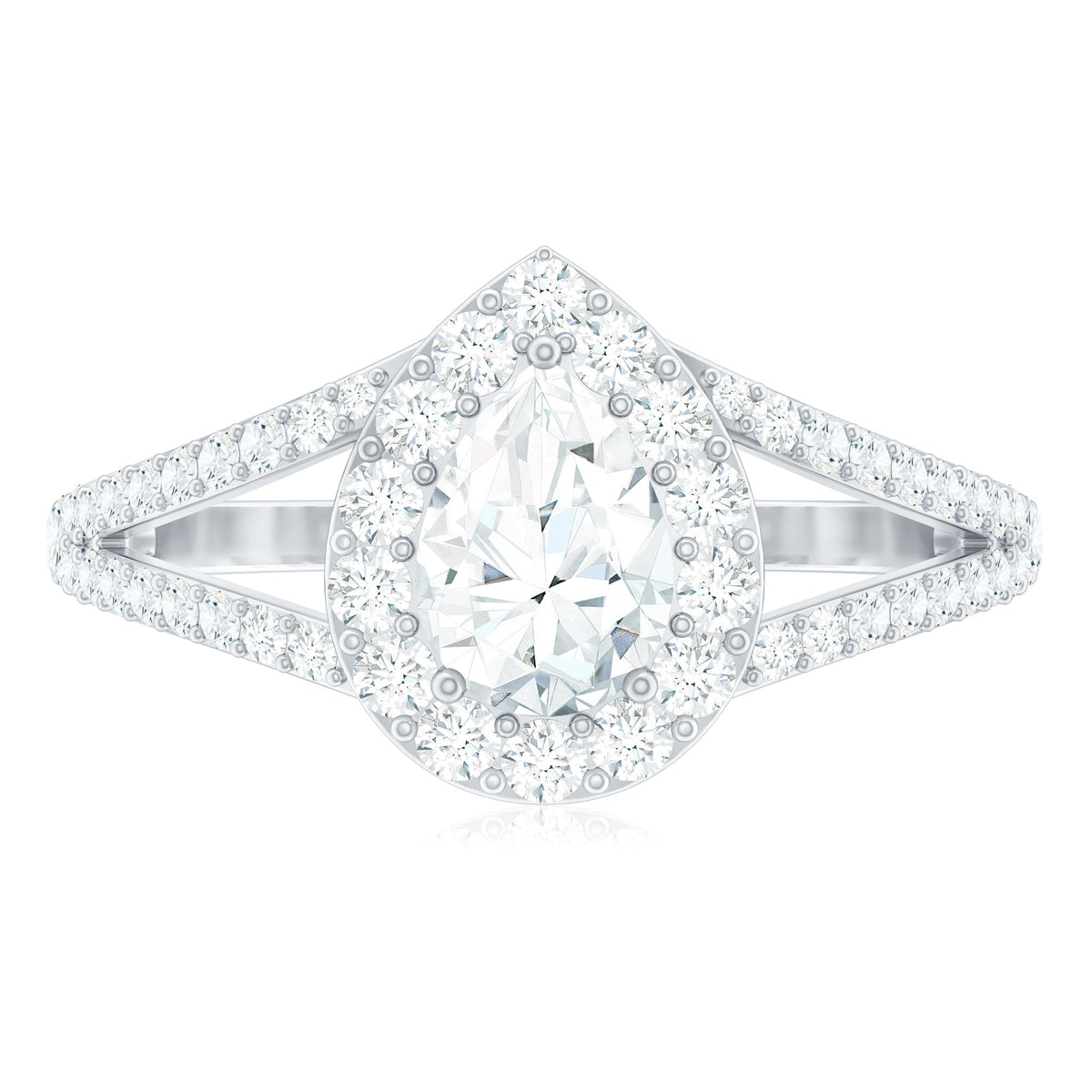 Pear Shape Cubic Zirconia Halo Engagement Ring in Split Shank
