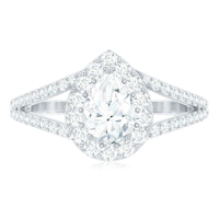 Pear Shape Cubic Zirconia Halo Engagement Ring in Split Shank