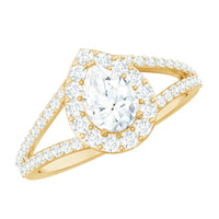 Pear Shape Cubic Zirconia Halo Engagement Ring in Split Shank