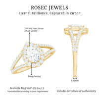 Pear Shape Cubic Zirconia Halo Engagement Ring in Split Shank