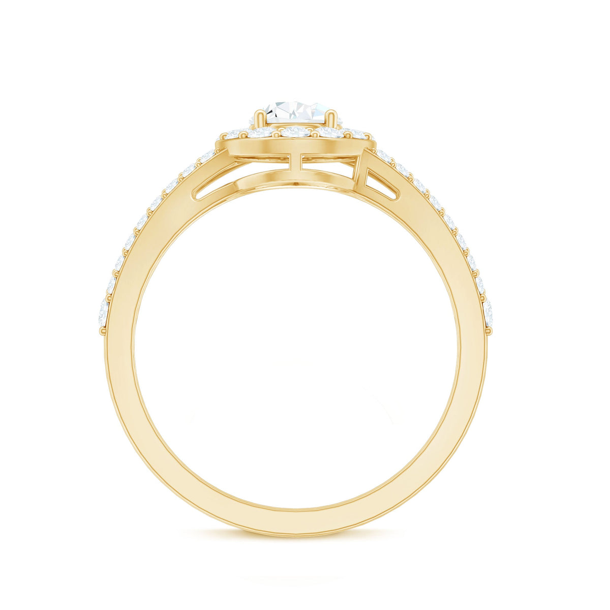 Pear Shape Cubic Zirconia Halo Engagement Ring in Split Shank