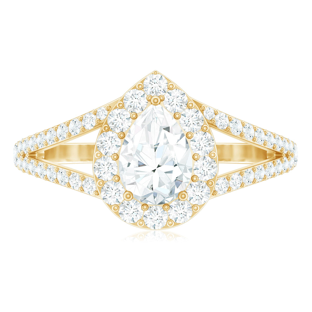 Pear Shape Cubic Zirconia Halo Engagement Ring in Split Shank
