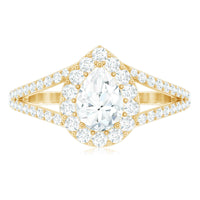 Pear Shape Cubic Zirconia Halo Engagement Ring in Split Shank