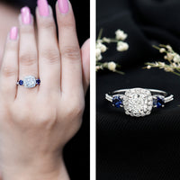 Certified 1.7 Carat Cushion Cut Lab Grown Diamond Engagement Ring with Blue Sapphire