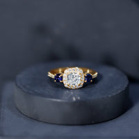 Certified 1.7 Carat Cushion Cut Lab Grown Diamond Engagement Ring with Blue Sapphire
