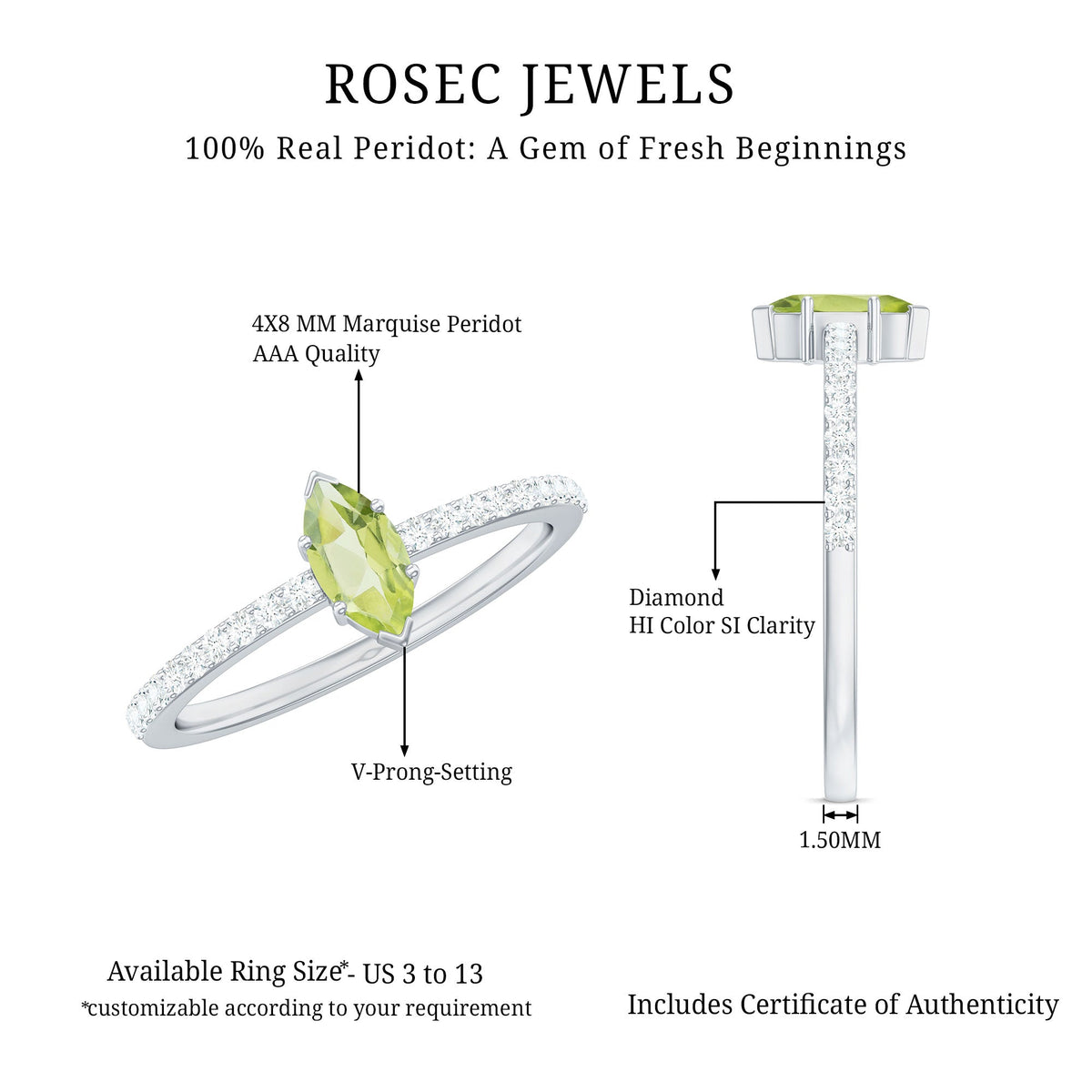 Genuine 0.7 Carat Marquise Peridot Promise Ring with Diamond