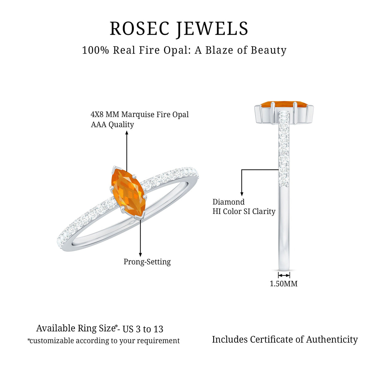 Rosec Jewels 1/2 Ct fire opal marquise engagement ring with diamond accents, showcasing the elegant gemstone and detailed band.