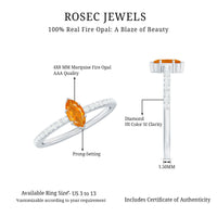 Rosec Jewels 1/2 Ct fire opal marquise engagement ring with diamond accents, showcasing the elegant gemstone and detailed band.