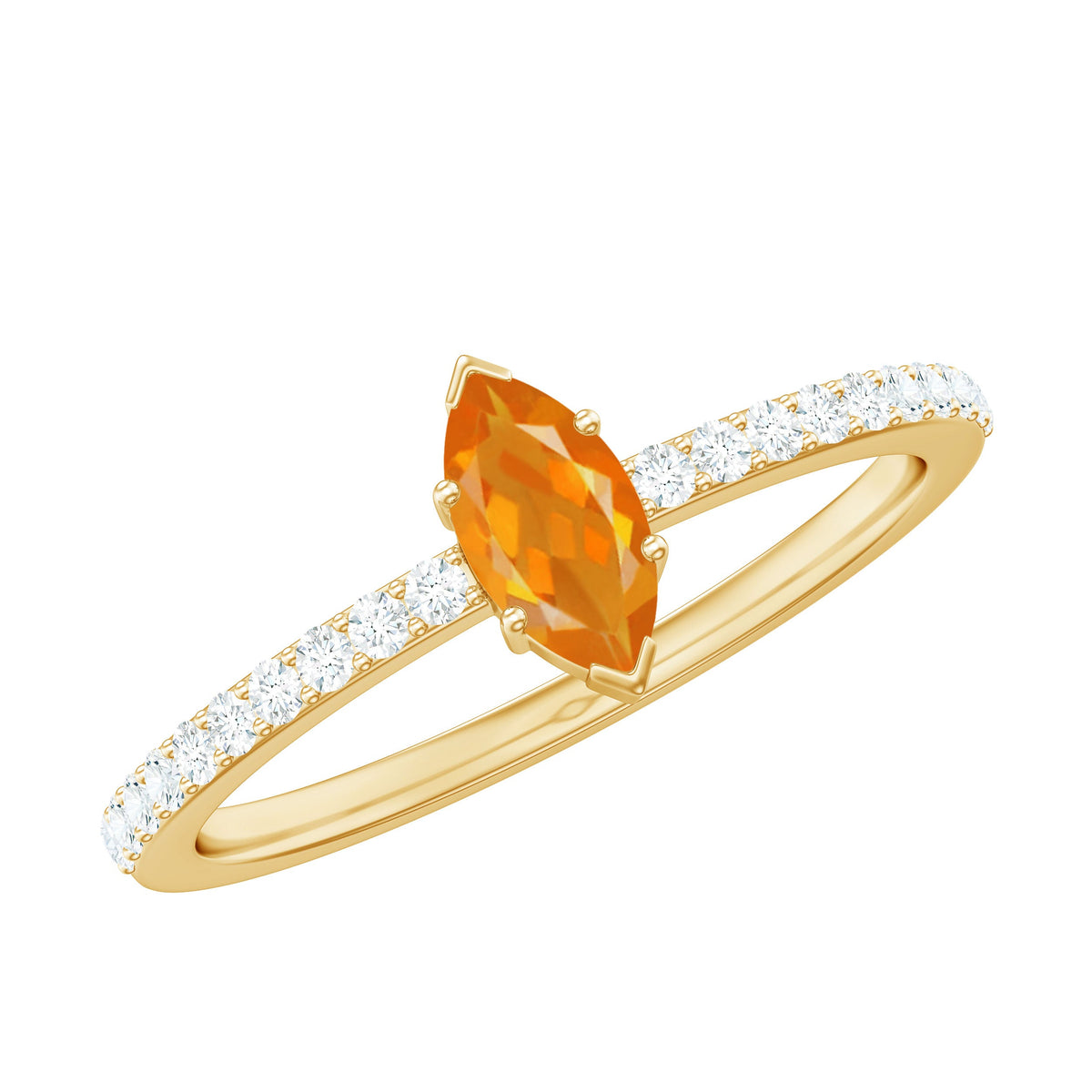 Rosec Jewels 1/2 Ct fire opal marquise engagement ring with diamond accent, featuring a detailed gold band and elegant design.