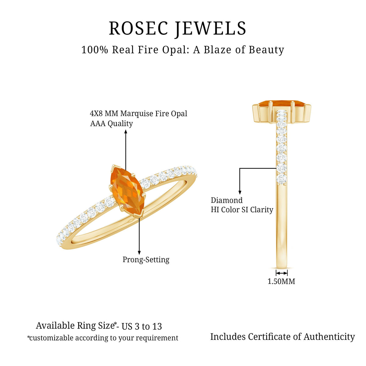Rosec Jewels 1/2 Ct fire opal marquise engagement ring with diamond accents, featuring an elegant gold band and detailed setting