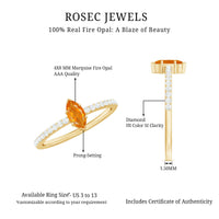 Rosec Jewels 1/2 Ct fire opal marquise engagement ring with diamond accents, featuring an elegant gold band and detailed setting