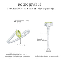 Real 0.7 Carat Peridot Marquise Promise Ring with Diamond Bypass Shank