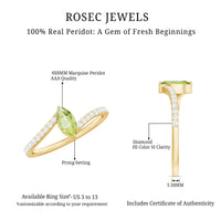Real 0.7 Carat Peridot Marquise Promise Ring with Diamond Bypass Shank