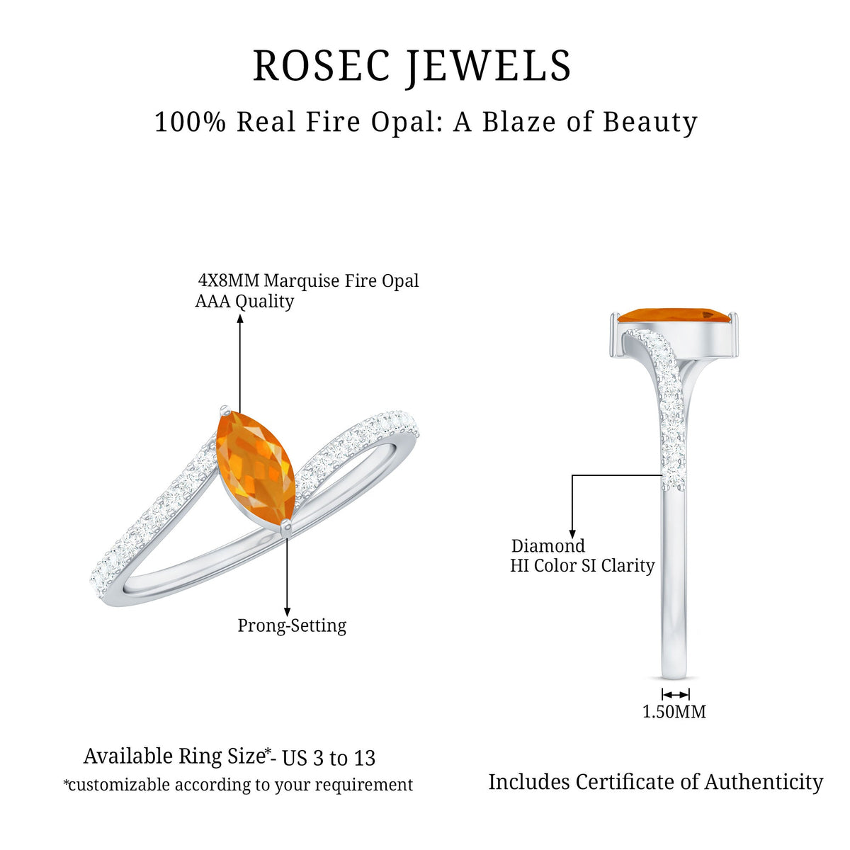 Rosec Jewels 1/2 Ct bypass engagement ring featuring a vibrant fire opal and sparkling diamonds on a sleek band.