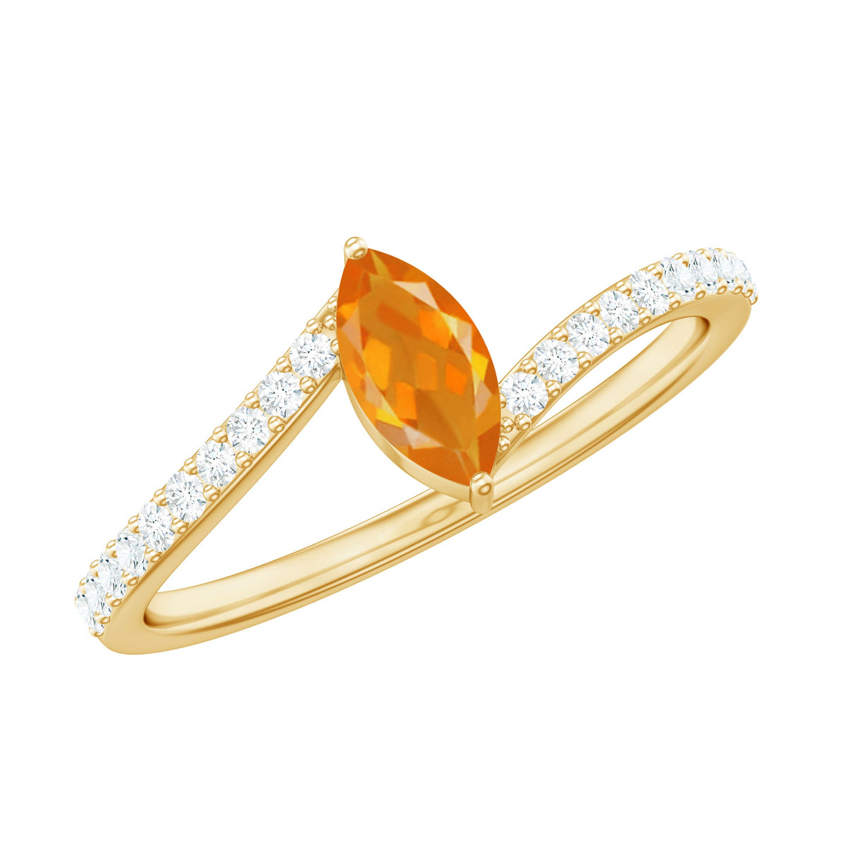 Rosec Jewels 1/2 Ct bypass engagement ring with vibrant fire opal and sparkling diamonds on a sleek gold band.
