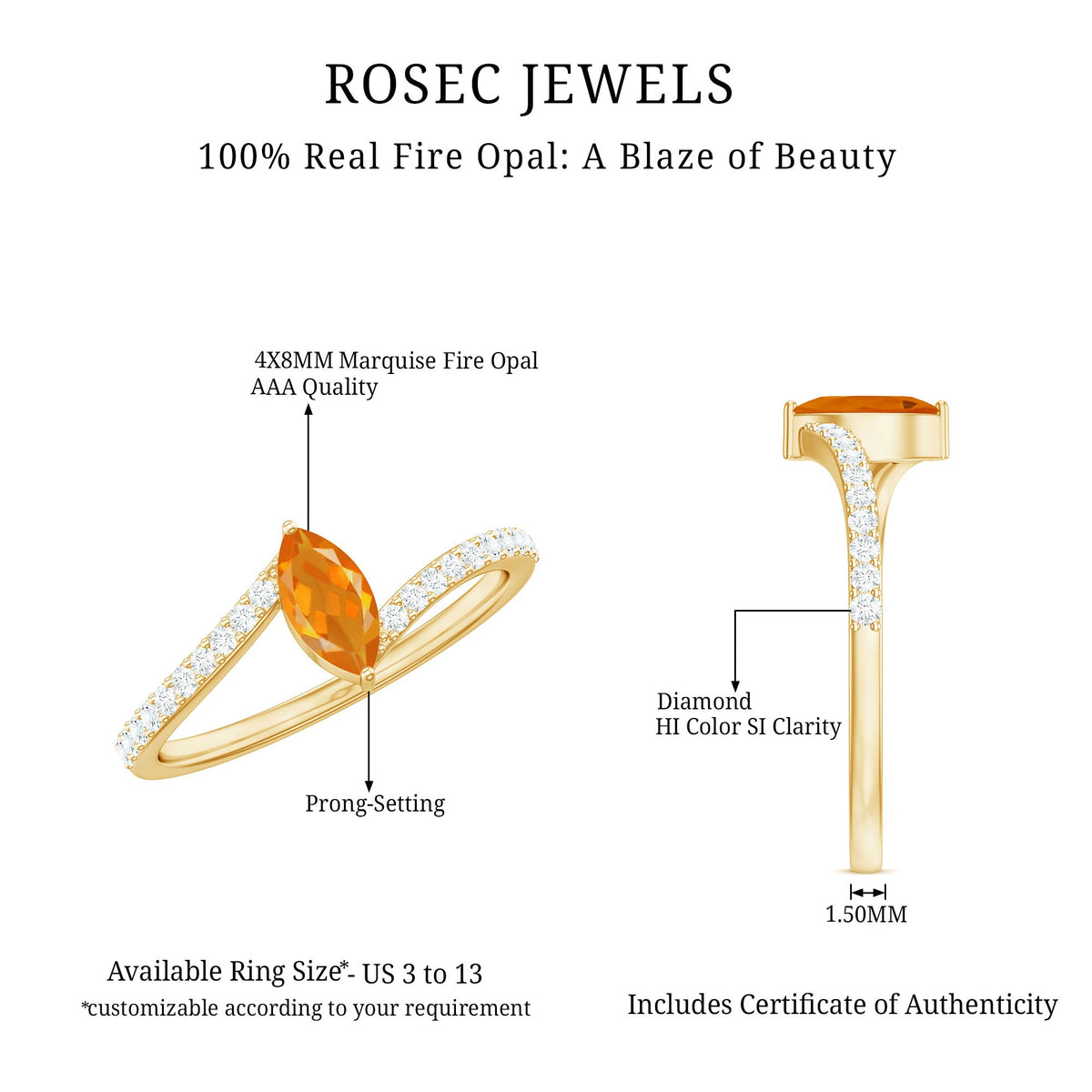 Rosec Jewels 1/2 Ct bypass engagement ring featuring a vibrant fire opal and sparkling diamonds.