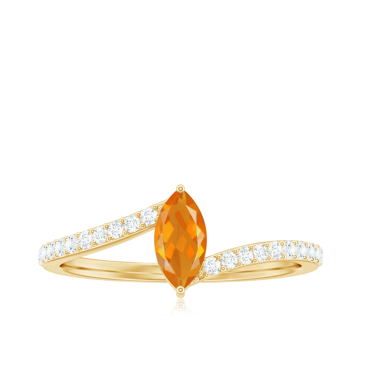 Rosec Jewels 1/2 ct bypass engagement ring with fiery orange fire opal and sparkling diamonds on a sleek gold band.