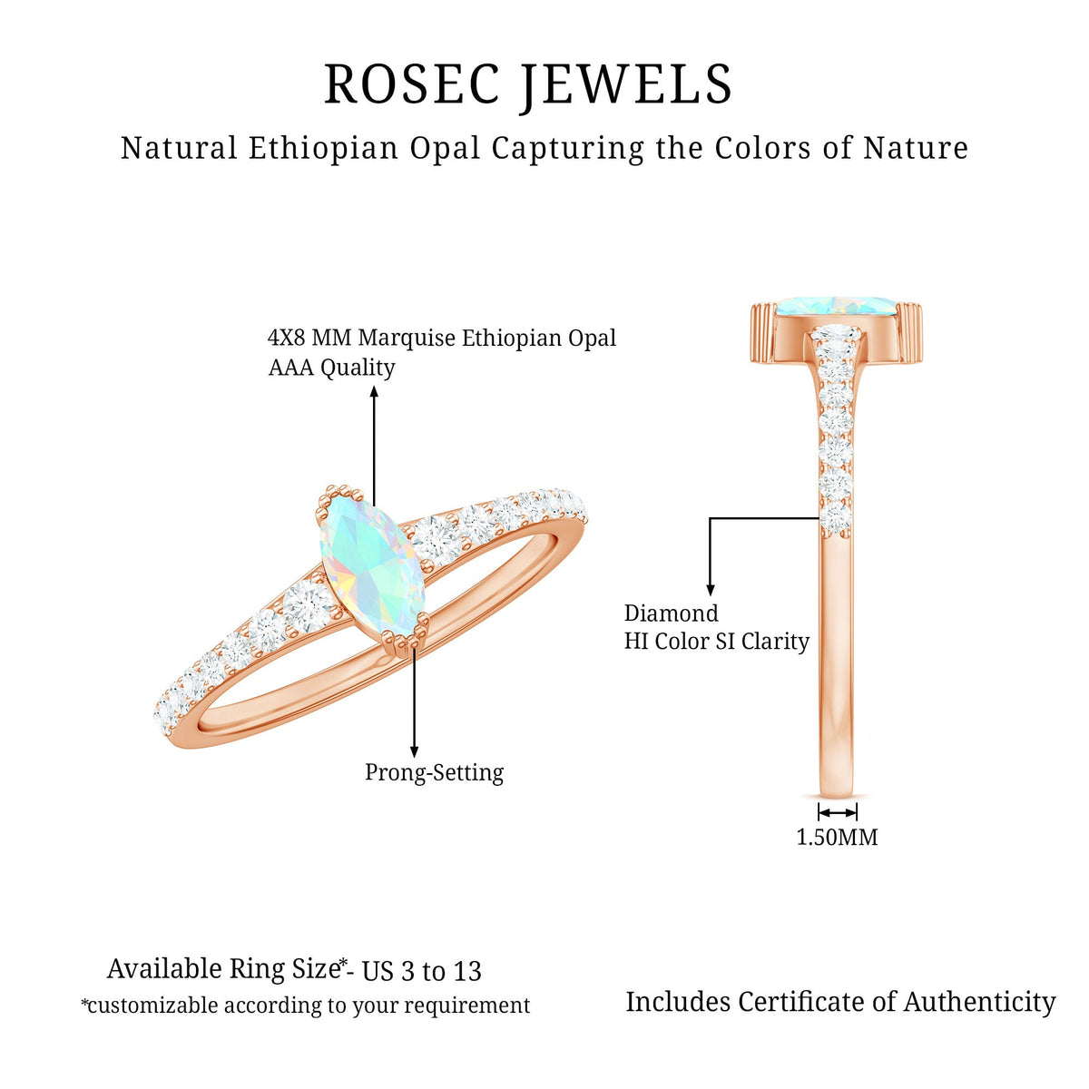 Certified Marquise Opalescent Promise Ring with Real Diamond