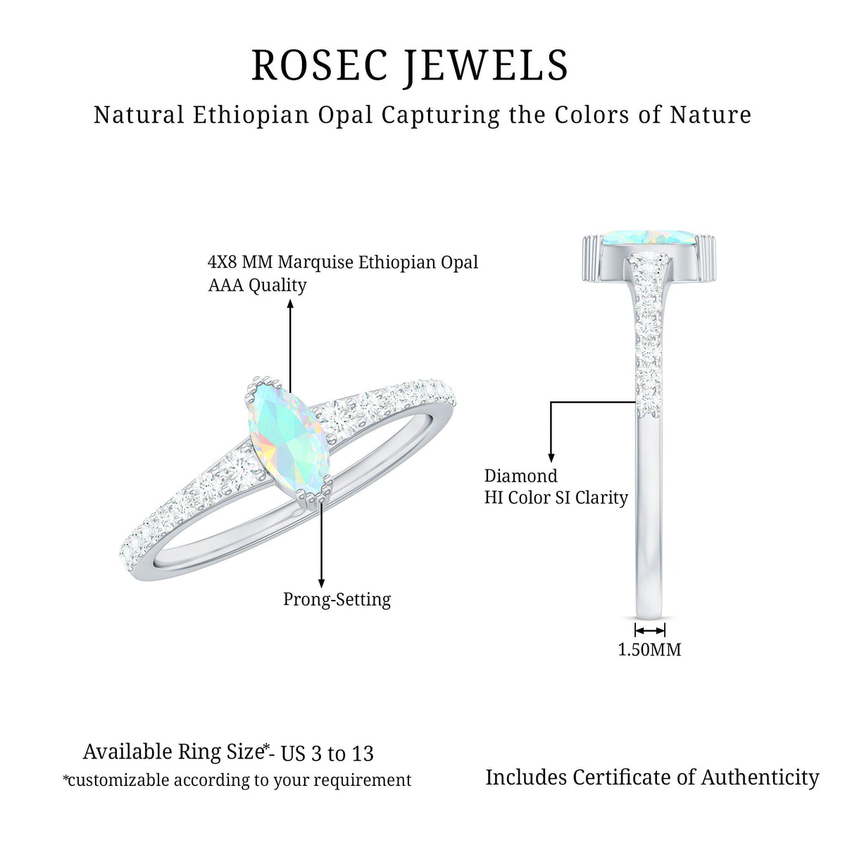 Certified Marquise Opalescent Promise Ring with Real Diamond
