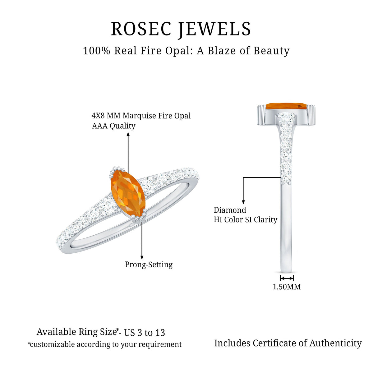 Rosec Jewels 3/4 carat marquise fire opal engagement ring with sparkling diamonds, showcasing an elegant and vibrant jewelry piece.