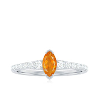 Rosec Jewels 3/4 carat marquise fire opal engagement ring with sparkling diamonds, showcasing elegant gemstone and intricate band design.