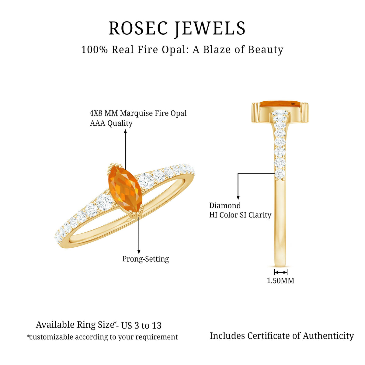Rosec Jewels 3/4 carat marquise fire opal engagement ring with diamond accents, showcasing the elegant gemstone and detailed band design.