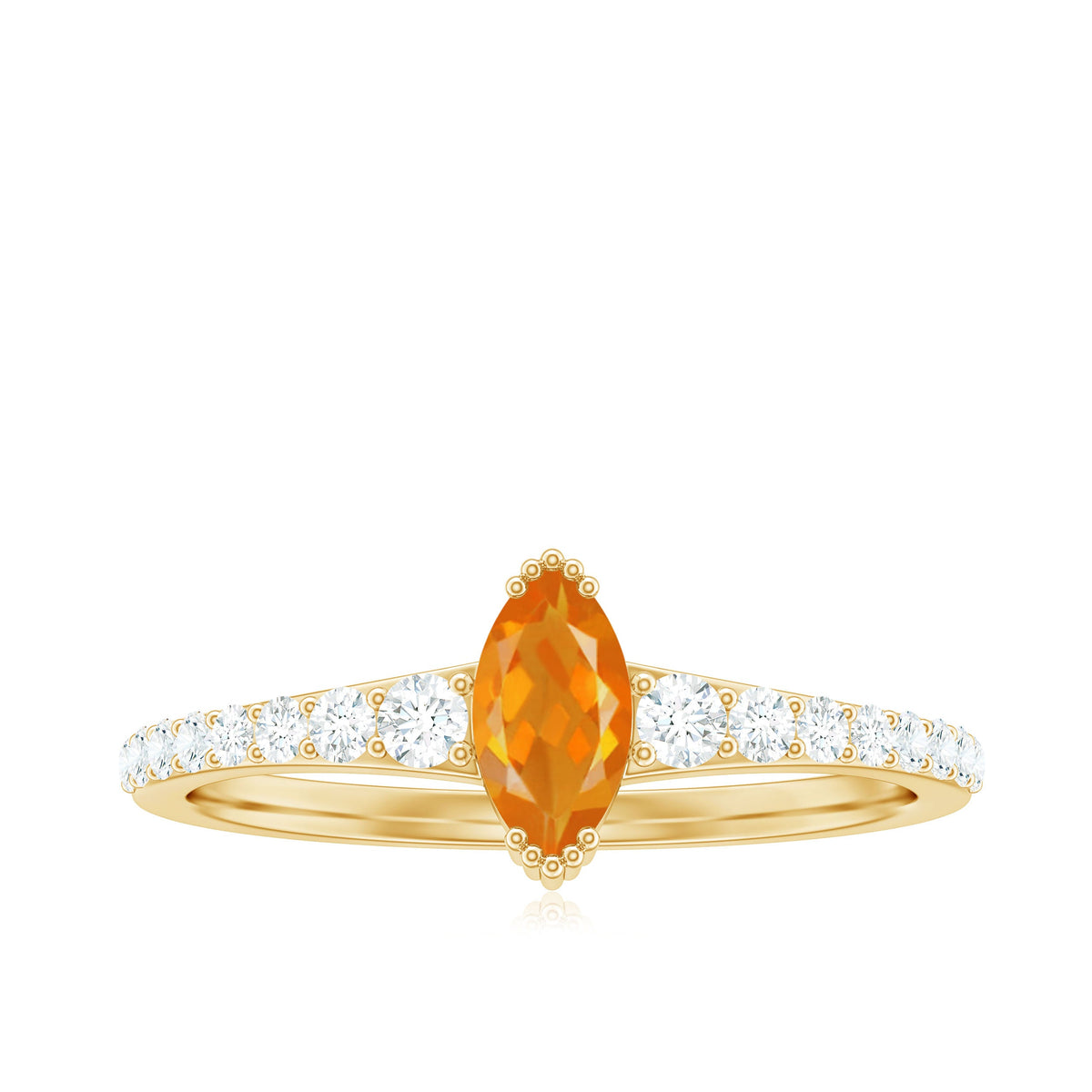 Rosec Jewels 3/4 carat marquise fire opal engagement ring with diamond accents, showcasing the vibrant orange gemstone and sparkling details.