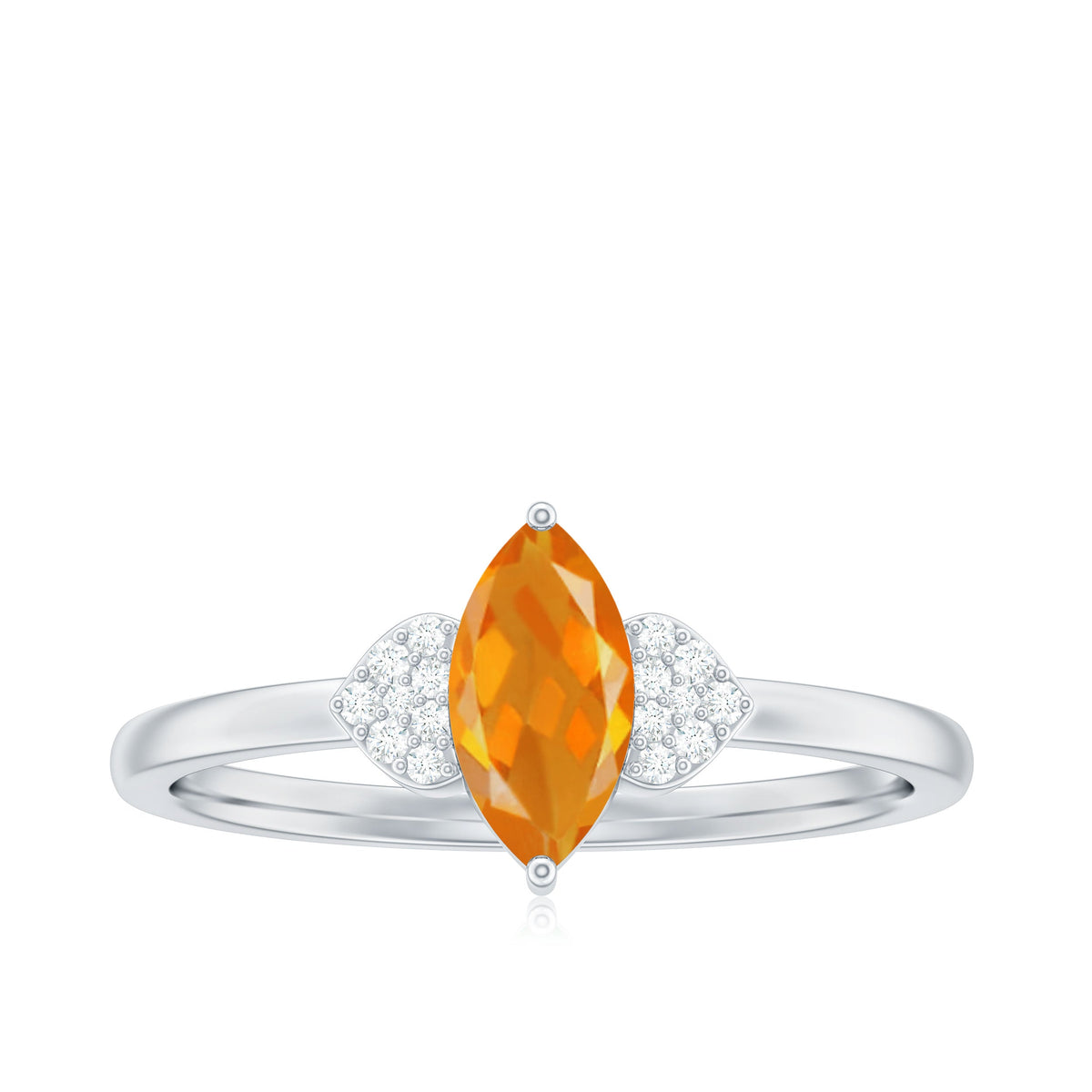 Rosec Jewels marquise solitaire engagement ring with fire opal and diamond accents on a white background.
