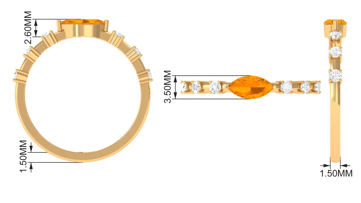 East West Marquise Fire Opal and Diamond engagement ring by Rosec Jewels featuring a marquise fire opal center stone with diamond accents.