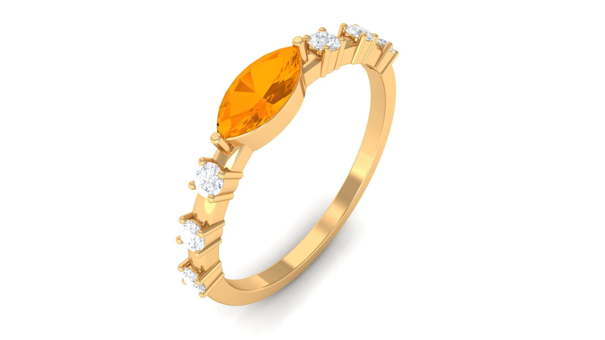 East West Marquise Fire Opal and Diamond Engagement Ring by Rosec Jewels, showcasing a marquise-shaped fiery opal with sparkling diamonds.