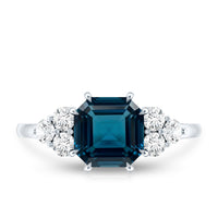 Asscher Cut London Blue Topaz Solitaire Engagement Ring with Diamond Trio