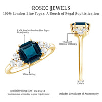 Asscher Cut London Blue Topaz Solitaire Engagement Ring with Diamond Trio