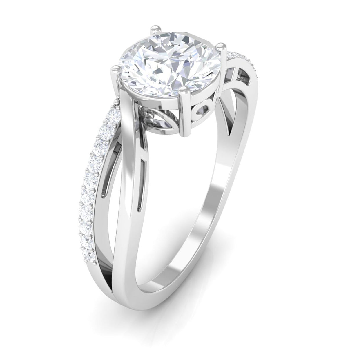 Rosec Jewels 1.50 CT round cut zircon solitaire bypass engagement ring showing shiny band and central gemstone.