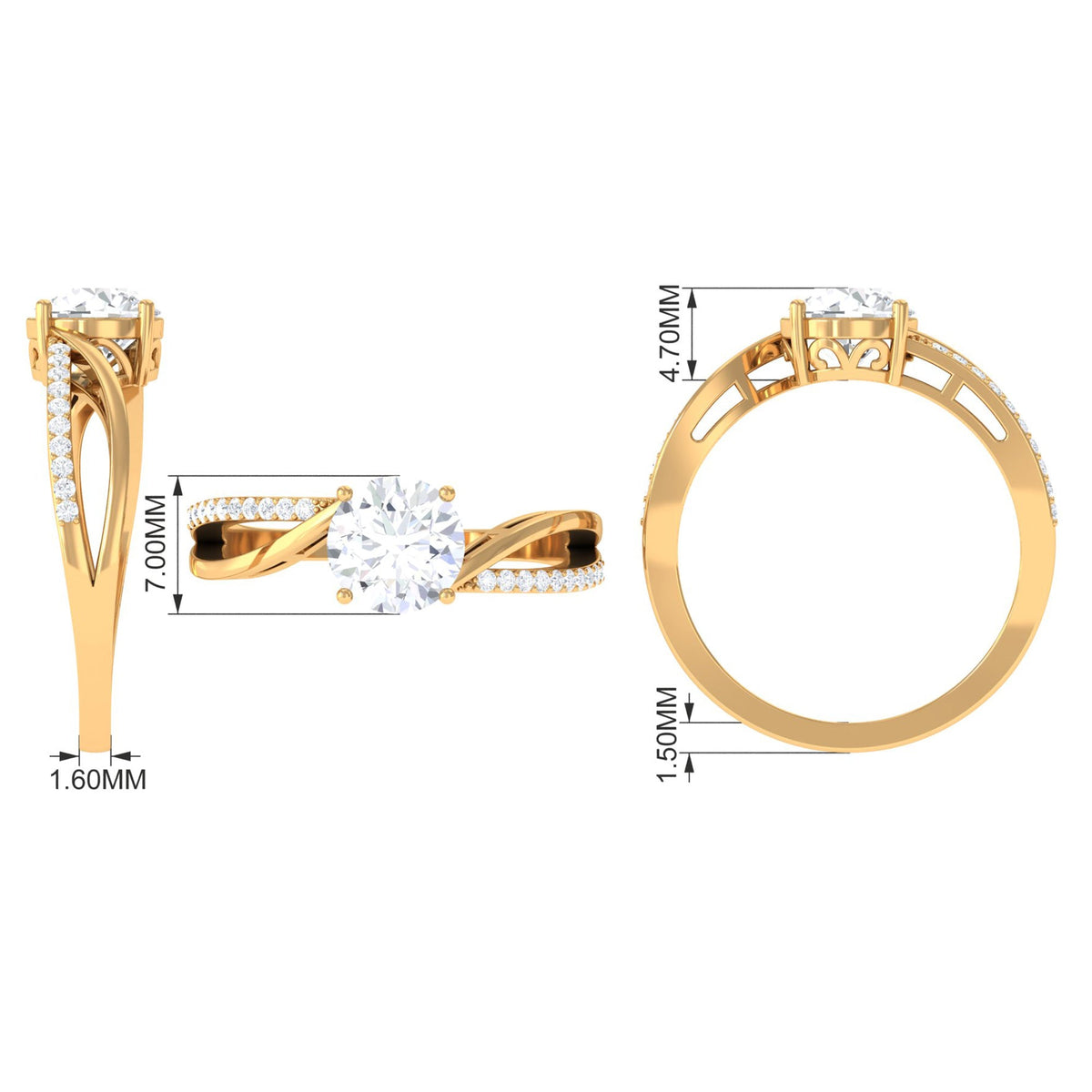Rosec Jewels 1.50 CT round cut solitaire zircon bypass engagement ring with sleek silver band and elegant design.