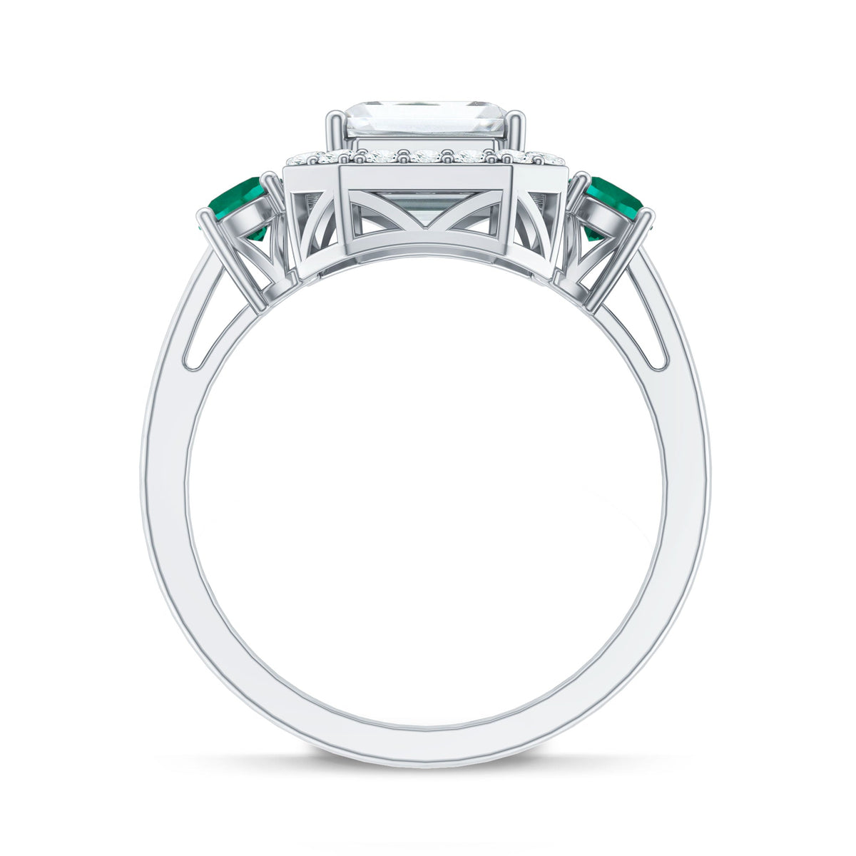 Certified 7X9 mm Moissanite Emerald Cut Engagement Ring with Emerald