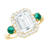 Certified 7X9 mm Moissanite Emerald Cut Engagement Ring with Emerald