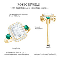 Certified 7X9 mm Moissanite Emerald Cut Engagement Ring with Emerald