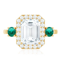 Certified 7X9 mm Moissanite Emerald Cut Engagement Ring with Emerald