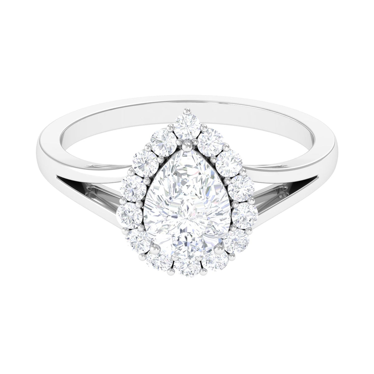 Zircon Pear Halo Engagement Ring with Split Shank