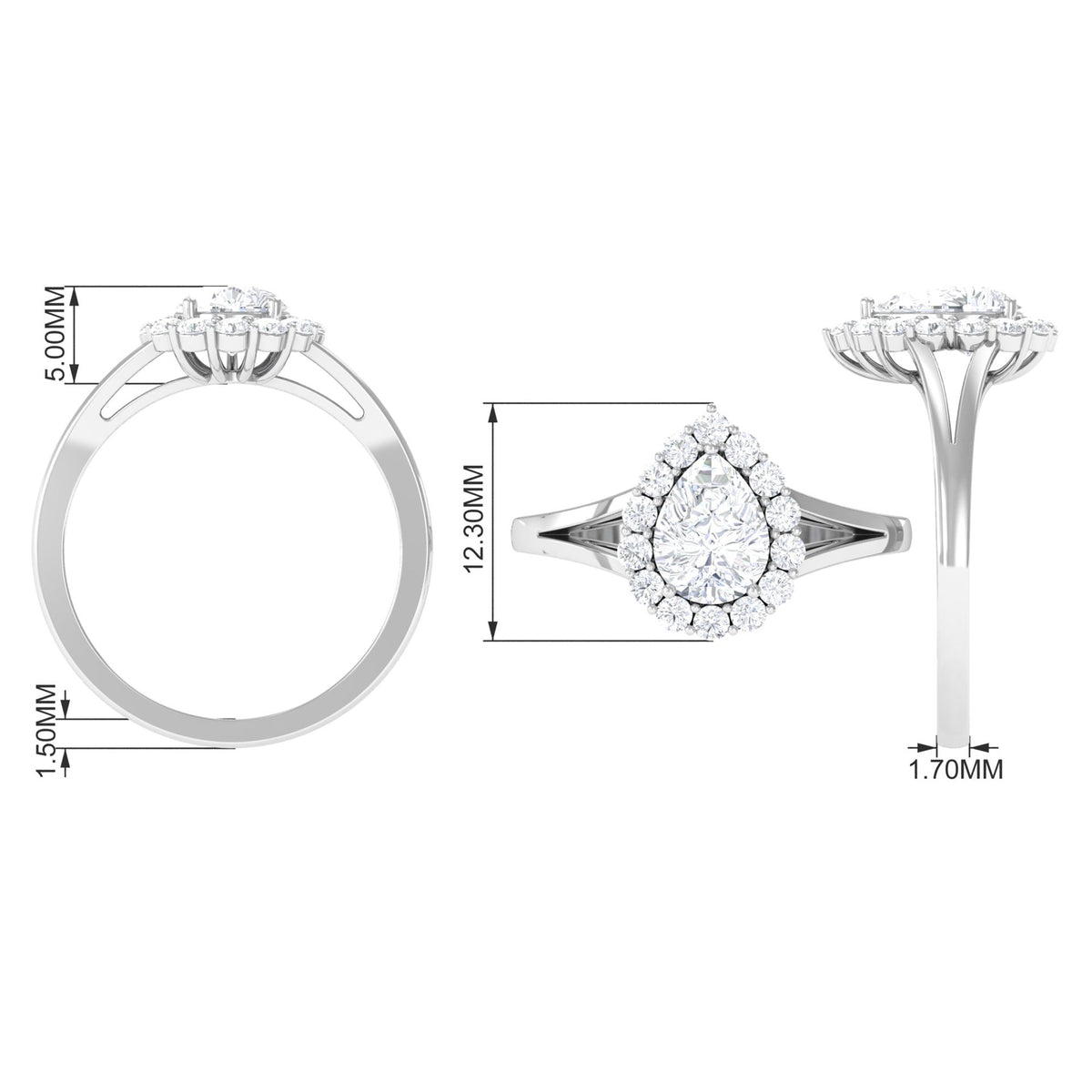 Zircon Pear Halo Engagement Ring with Split Shank