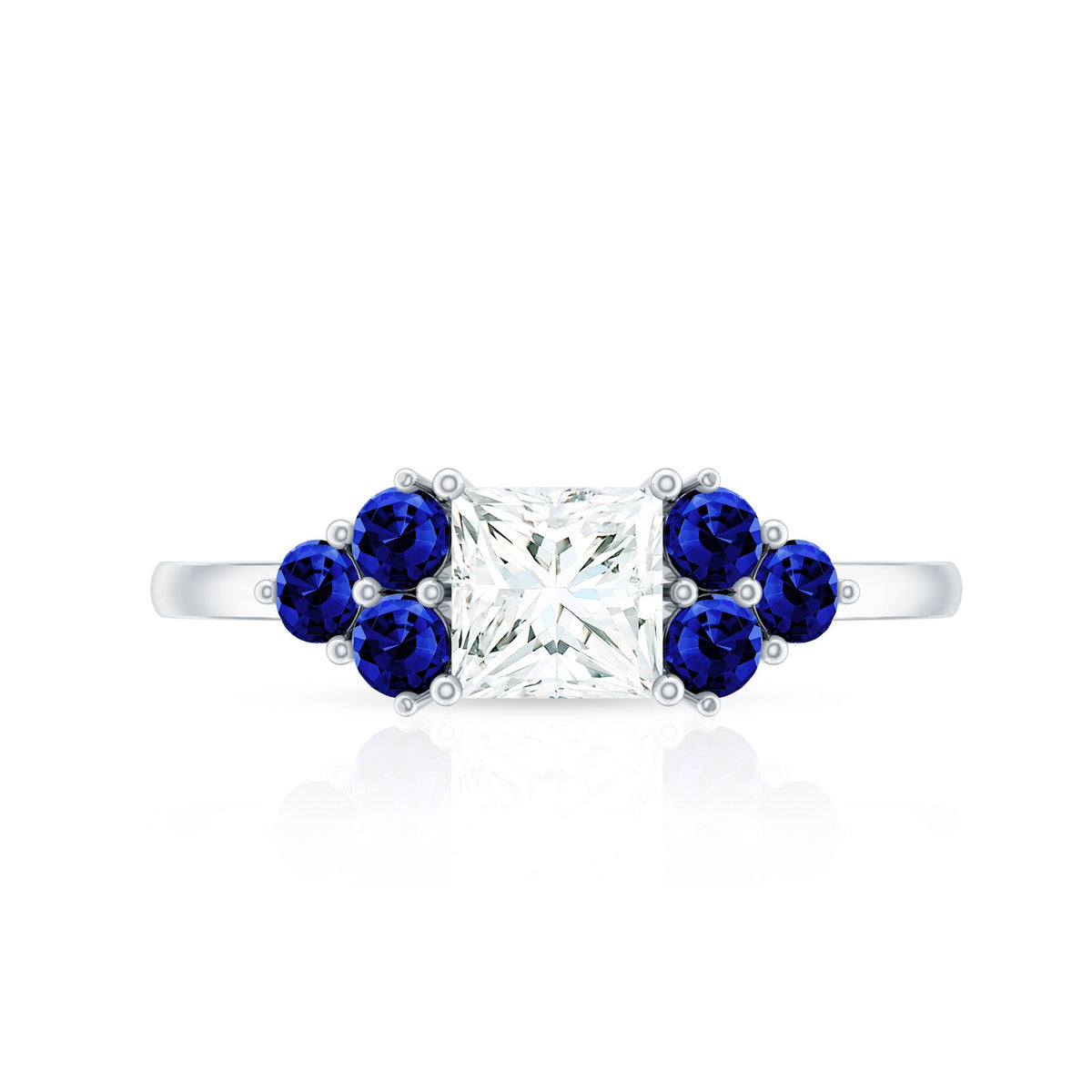Moissanite Princess Cut Engagement Ring With Lab Grown Blue Sapphire
