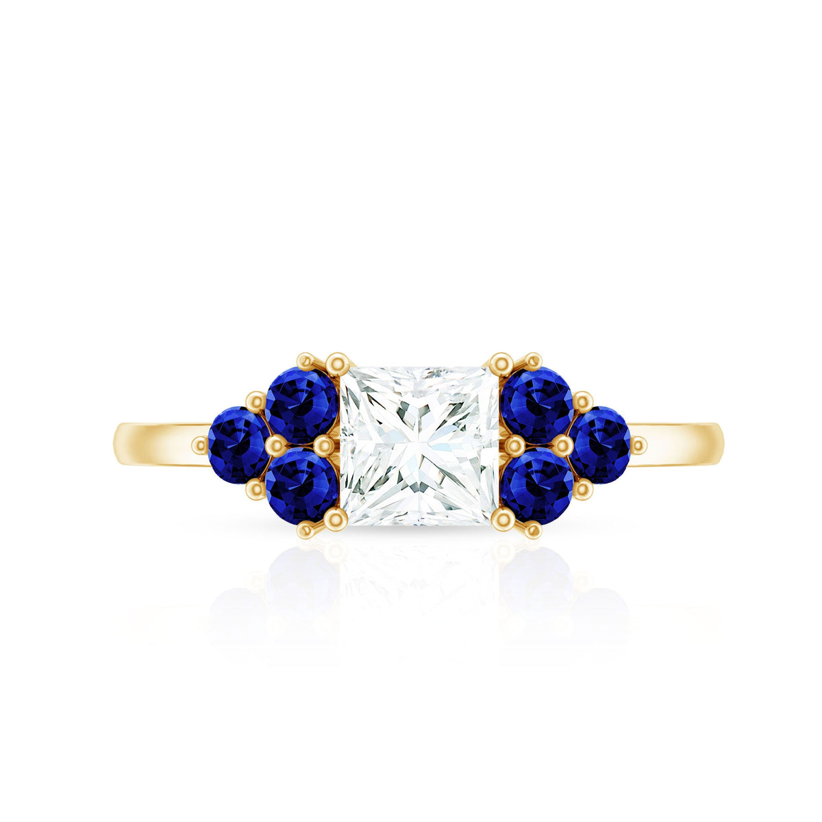 Moissanite Princess Cut Engagement Ring With Lab Grown Blue Sapphire
