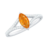 Rosec Jewels Marquise Fire Opal split shank engagement ring with diamond accents, showcasing the elegant gemstone and detailed band.