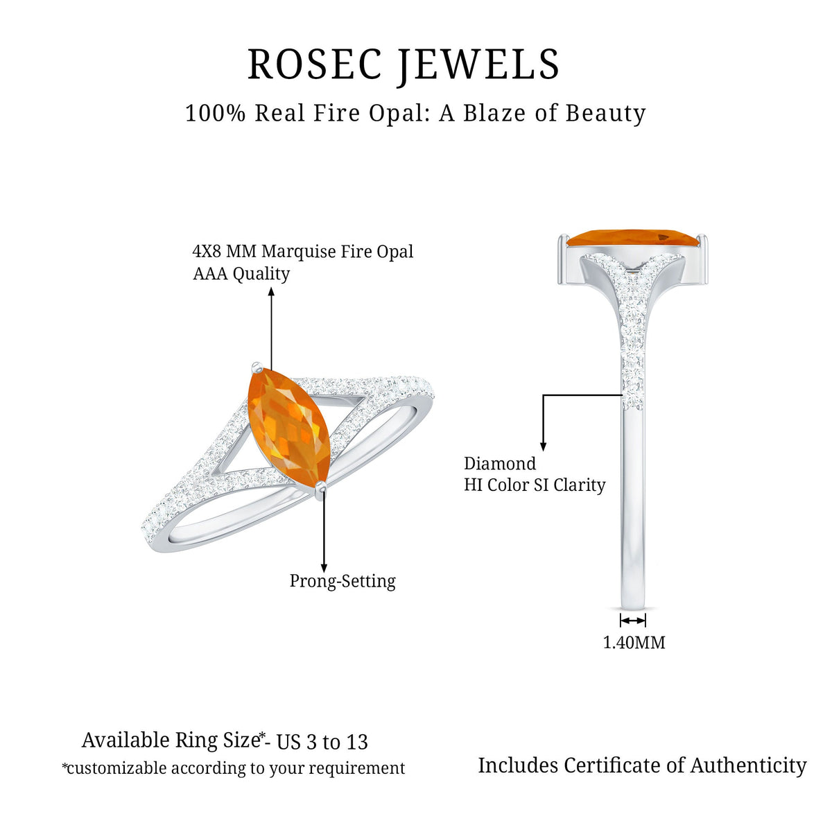 Marquise fire opal split shank engagement ring with diamonds from Rosec Jewels, featuring a vibrant orange gemstone and sparkling accents.