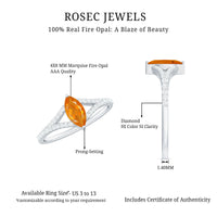Marquise fire opal split shank engagement ring with diamonds from Rosec Jewels, featuring a vibrant orange gemstone and sparkling accents.